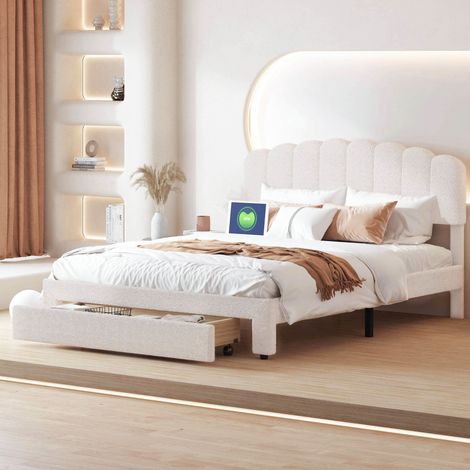 Letto 160x200 con rete, letto matrimoniale con cassetto, letto imbottito con porta USB, struttura letto per 2 persone, beige, effetto lana (1/5)