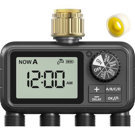Ordinateur d'irrigation, minuteur d'arrosage avec Retard de Pluie/Mode Automatique et Manuel, IPX5 étanche/Grand écran LCD, minuterie d'eau pour Jardin, pelouse (4 Sorties 1T) (1/5)
