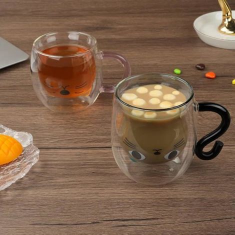 Tasse Chat - Verre Double Paroi 280 ML - Tasse à Café Thé Lait - Forme Chaton avec Queue Poignée - Usage Intérieur Bureau Café - 1 Pièce (1/5)