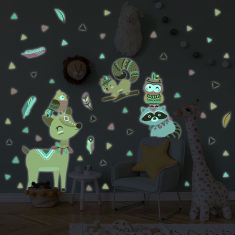 Sticker phosphorescent lumineux - ANIMAUX INDIENS DES BOIS - Autocollant mural plafond enfant fluorescent - 40x30cm (1/5)
