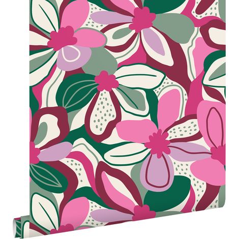 papier peint fleurs rose bonbon, vert et blanc - ESTAhome