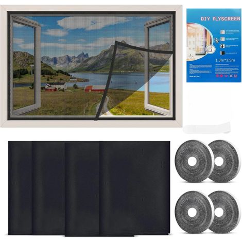 Moustiquaire à découper soi-même en 4 pièces pour fenêtres, avec Velcro, matériau polyester, moustiquaire auto-adhésive, 130 x 150 cm, noire. (1/5)