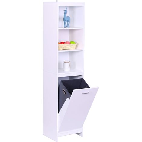 Relaxdays Wäscheschrank, ausklappbarer Wäschesack 44 l, 3 Regalfächer, HBT: 172 x 40 x 35 cm, hoher Badschrank, weiß