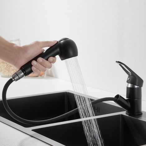 Auralum Robinet de Cuisine Noir avec Douchette Extractible 2 Jets Mitigeur Évier à 360° en Laiton Robinetterie avec Monotrou L'eau Froide et Chaude pour Évier Cuisine ou Lavabo (1/10)