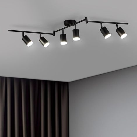 Noir Plafonnier LED 6 Spots Cuisine Lumiere Plafond Orientable Eclairage Précis, Lustre GU10 Ceiling Light Long Lampe Rampe Spot sur Rail pour Interieur Salon Bureau Chambre, Sans Ampoules [Classe éne (1/5)