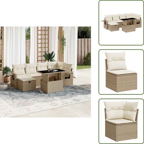 Salon de jardin avec coussins 7 pcs beige résine tressée - Ensemble Salon De Jardin - Mobilier De Jardin - Table Extensible - Chaise Lounge - Fauteuil Extérieur (1/5)
