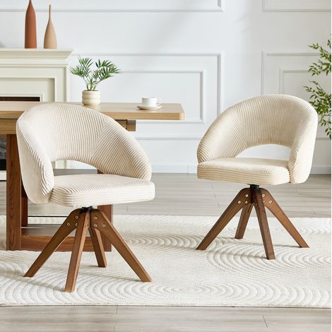 Silla de comedor de madera maciza, blanco y nogal, giratoria 360°, con respaldo envolvente (1/5)