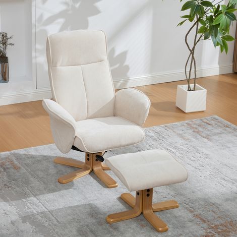 Fauteuil relax pivotant 360° beige - Chenille - Repose-pieds, inclinable 145°, base bois - Salon chambre