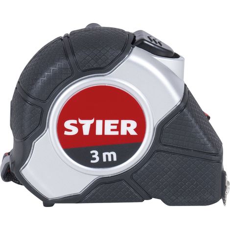 STIER Taschenbandmaß, Länge 3 m, Bandbreite 16 mm, Gürtelclip, Self-Lock-Buttons, Automatikband-Mechanik, 2K-Gehäuse, Maßband, Bandmaß, Messband, measuring tape, tape measure