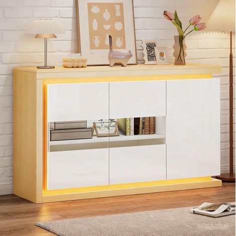 Aparador 140 x 40 x 84 cm con LED, 3 puertas, puertas de vidrio templado, blanco HAVRYA (1/5)