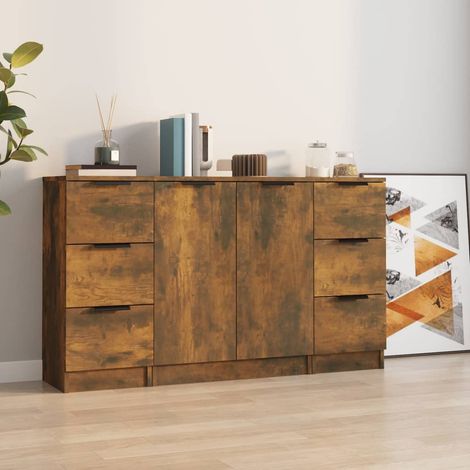 Buffets 3 pcs-Lot de 3 Meuble de rangement Chêne fumé Bois d'ingénierie 579004 (1/5)