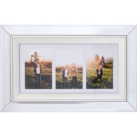 Multi Photo Frame Silver Glass Mirrored 32 x 50 cm for 3 Pictures 10 x 15 cm Collage Aperture MAKENI