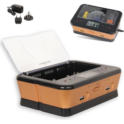 Fishtec – Chargeur de piles rechargeables universel 9V – 2 ports USB – Compatible LR3 LR6 – Écran LCD avec indicateur LED