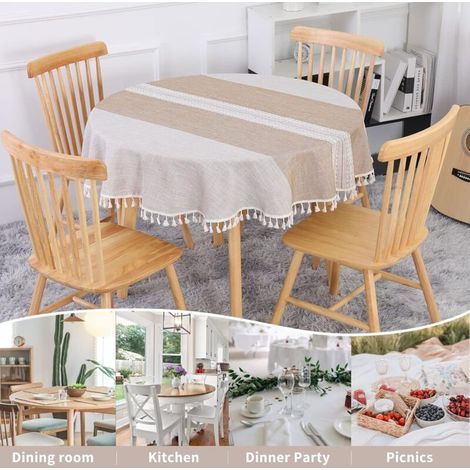 Runde Tischdecke 140 cm, Khaki, Leinen-Baumwoll-Mischgewebe, waschbar, fleckenabweisend, mit Quasten