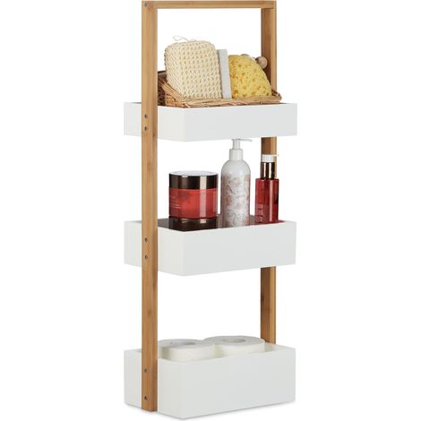 Relaxdays Scaffale bagno in bambù con 3 cestini ripiani mensole di MDF HxLxP: 76 x 30 x 18,5 cm bianco/beige