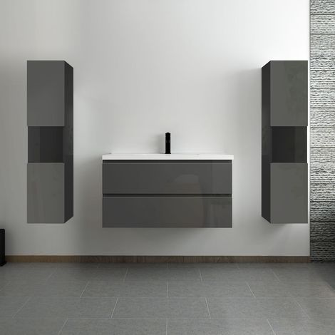 Ocean ensemble meuble salle de bain 100 cm anthracite brillant avec 2 tiroirs à fermeture automatique, lavabo céramique simple + colonne haute x2, suspendu