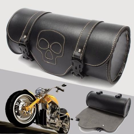 Sacoche PU Cuir Selle Rouleau Trousse Sac Outil Noir Crâne Pour Harley Divadson