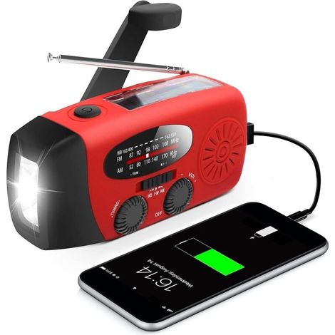 Radio à manivelle avec lampe torche radio météo portable AM/FM NOAA avec batterie externe intégrée de 2000 mAh pour recharger les téléphones portables compatible avec la recharge USB et solaire. (1/5)