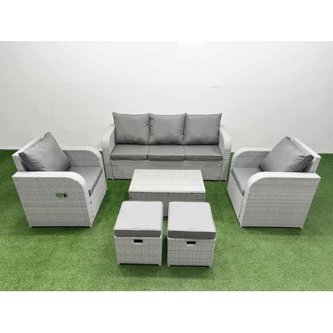 Fimous PE Rattan Garden Furniture Set Reclining Chair Sofa Lounge Sofa Set Oblong Coffee Table 2 Small Stools Light Grey (1/4)