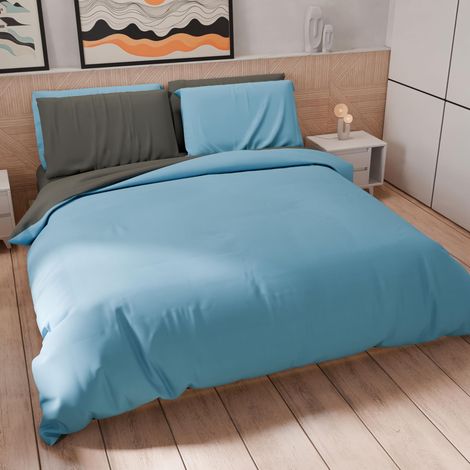 Set Housse de Couette 200x200 cm 1 Taie d'oreiller 50x80 cm Incluse, Parure de Lit Microfibre 1/2 Personnes Douce Bleu Ciel Gris Foncé (1/5)