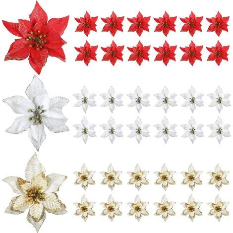 36 pcs Noël Poinsettia Ornement Faux Paillettes Fleur De Noël Ornement De Sapin De Noël, 15 cm (1/5)