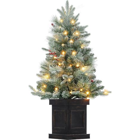 sapins de Noël artificiels de 90 cm avec 78 LED blanc chaud - Fonctionne avec piles - 8 modes réglables - Sapin de Noël avec branches denses, baies rouges et base vintage (1/5)