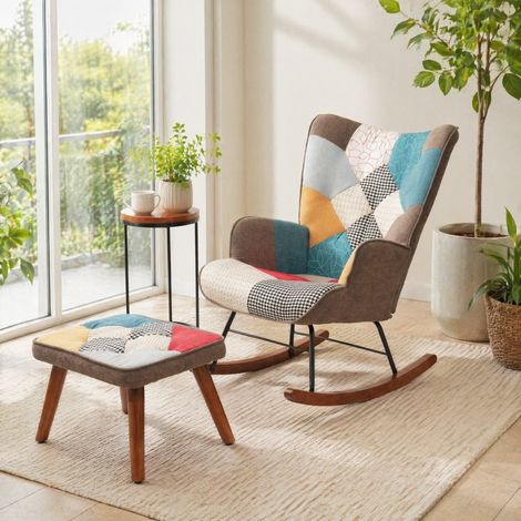 Sedia a dondolo con poggiapiedi patchwork multicolore 69,5 x 50 x 88,5 cm HAVRYA (1/5)