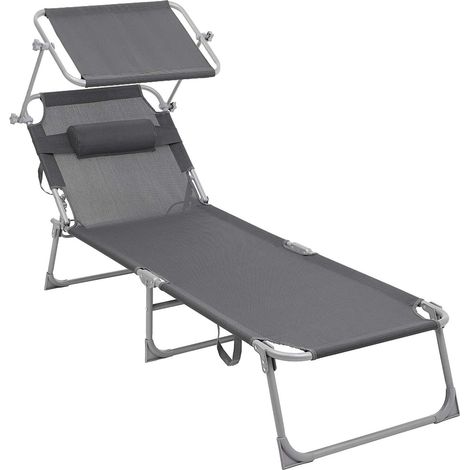 Chaise de pont avec appui-tête et protection solaire, dossier réglable, pliable, gris foncé (1/5)