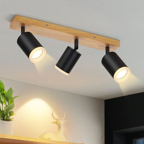 GBLY LED Deckenleuchte Deckenstrahler 3 Flammig - Deckenlampe GU10 Holz Schwarz 350° Schwenkbar Küchenlampe Vintage Deckenspots Industrial für Flur Küche Wohnzimmer Schlafzimmer (Ohne Leuchtmittel)