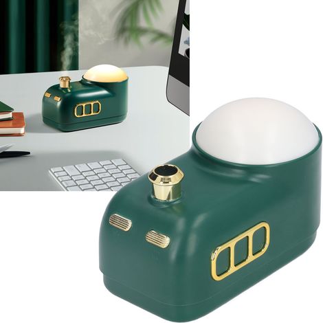 Humidificateur d'air miniature USB en forme de train à vapeur, avec veilleuse intégrée et lumière rétro. Vert. (1/5)