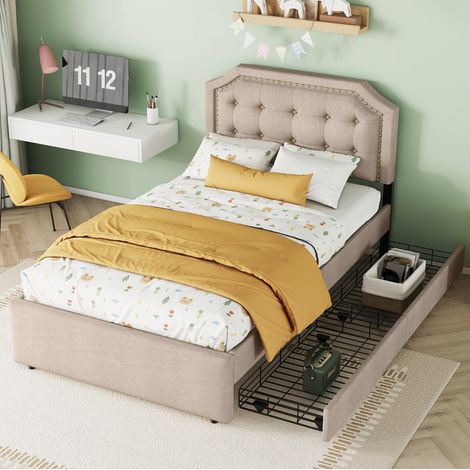 Polsterbett 90/200 cm dunkelbeige aus MDF und Leinen mit 2 Schubladen (1/5)