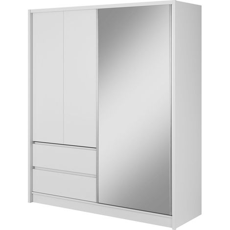 Armadio SARA 184 cm Anta scorrevole Specchio 2 cassetti Bianco opaco