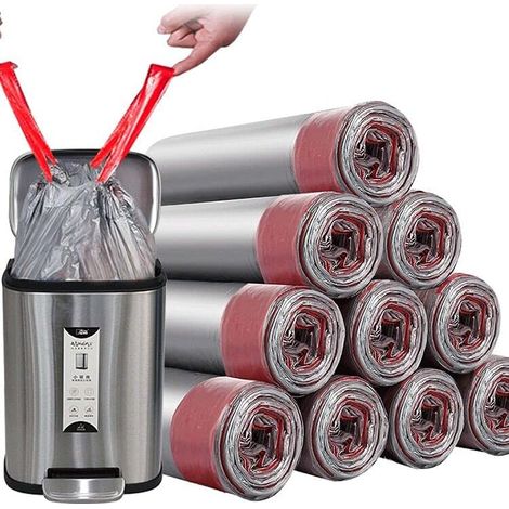 Sac poubelle Sacs à ordures avec cordon de serrage - Doublures de poubelles de salle de bain plus épaisses pour chambre à coucher, cuisine, 50 unités, 4 à 6 gallons (gris) (1/4)