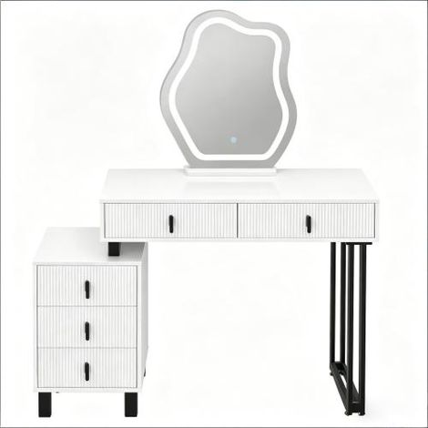 Coiffeuse LED 90cm miroir nuage amovible 5 tiroirs bureau blanc moderne
