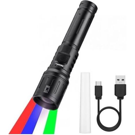 X94 RGBW 4 Couleurs Multicolore LED Lampe Torche Rechargeable USB C Blanc Vert Lumière Bleue, Lampe de Poche Rouge Stroboscopique Zoom avec Batterie incluse pour Nuit, Animal, Astronomie (1/5)