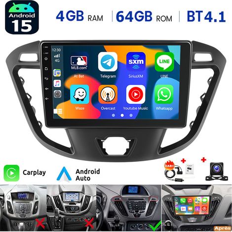 Autoradio Android 14 GPS FM RDS + Caméra pour Ford Transit Custom 2012-2021 - 4+64G DAB+ CAM