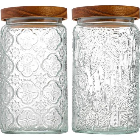 1000ML Vorratsdosen Glas mit Deckel 2er Set, Luftdichte Aufbewahrungsgläser Küche Gewürzgläser, Großer Glasbehälter mit Holzdeckel für Küche, Speisekammer, Kaffeebohnen, Mehl, Hafer, Getreide, Nudeln (1/5)