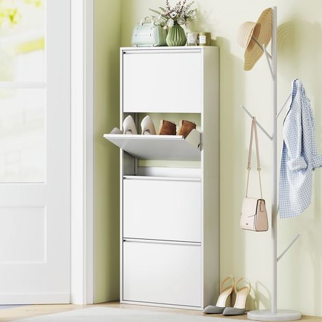 Meuble à chaussures étroit métallique blanc 4 tiroirs basculants, 8 paires, adapté au vestibule (1/5)