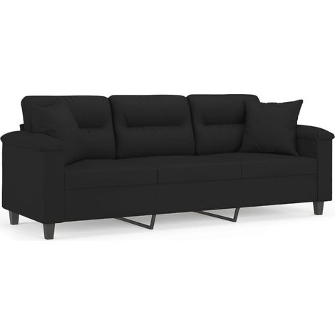 Canapé Sofa 3 places avec oreillers noir 180 cm tissu microfibre (1/5)