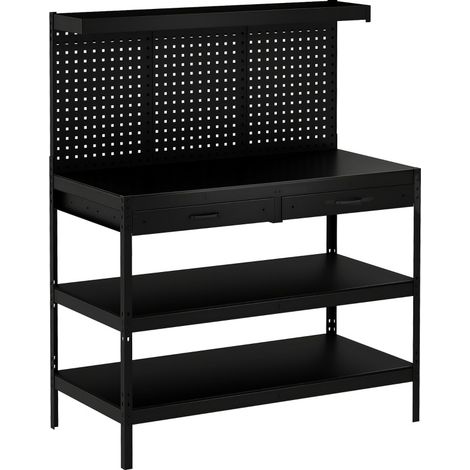 CHICFURN Banco da lavoro 122 x 61 x 156 cm in metallo e MDF nero con pannello forato e 2 cassetti (1/5)