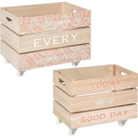 Atmosphera – Lot de 2 caisses en bois XL sur roulettes – Dimensions 39x26x27,5 cm – MDF décoratif pour rangement jouets et livres