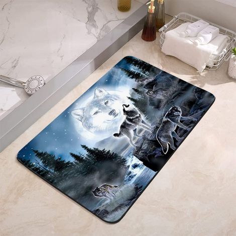 Tapis de salle de bain antidérapant super absorbant avec revers en caoutchouc, convient sous la salle de bain, tapis de sol pour baignoire de douche, 43,2 x 61 cm, loup de forêt, lune (1/5)