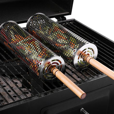 Panier à barbecue à roulettes, poignée en bois amovible, en acier inoxydable 304, outils de barbecue empilables, accessoires de cuisine et de barbecue en extérieur.-AquaForge