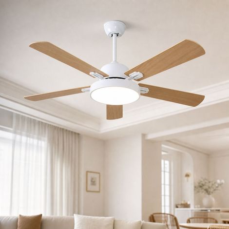 Ventilador de techo con luz LED, aspas de madera estilo nórdico, motor silencioso de 42 pulgadas, control remoto y soporte de pared, reversible verano/invierno. (1/4)