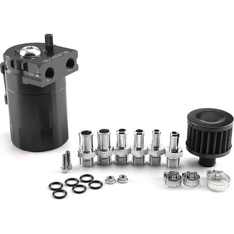 Récupérateur huile moteur, universel oil catch can, récupération des vapeurs d'huile moteur en aluminium de 300ml, avec filtre à air, tuyau et autres accessoires (Noir) (1/5)
