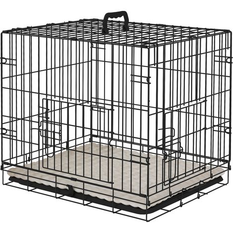Cage pliable pour chien avec coussin, portes, plateau amovible et structure en fil de fer, 60 x 45 x 50 cm, noir et beige (1/5)