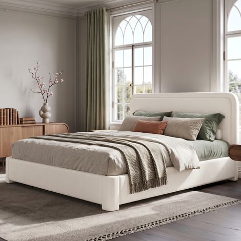Lit rembourré en tissu bouclé, lit coffre double adulte 160 x 200 cm avec coffre hydraulique, compartiments, sans matelas, charge 300 kg, Blanc (1/5)