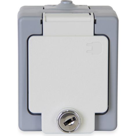Prise étanche KOPP 105648002, couvercle rabattable verrouillable, gris