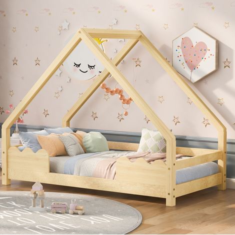 Cama infantil de madera maciza color natural 90x200 cm con somier incluido y barrera de seguridad (1/5)