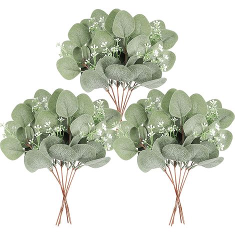 Branches D'eucalyptus Artificiel - 12 Pièces - 28 Cm - Feuilles Gris-Vert Et Grappes Blanches Sur Tige Brun - Décoration Intérieure Extérieure Bureau Mariage Jardin (1/5)